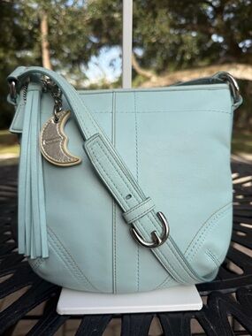 Coach Light Blue Leather Crossbody Bag with Moon Charm